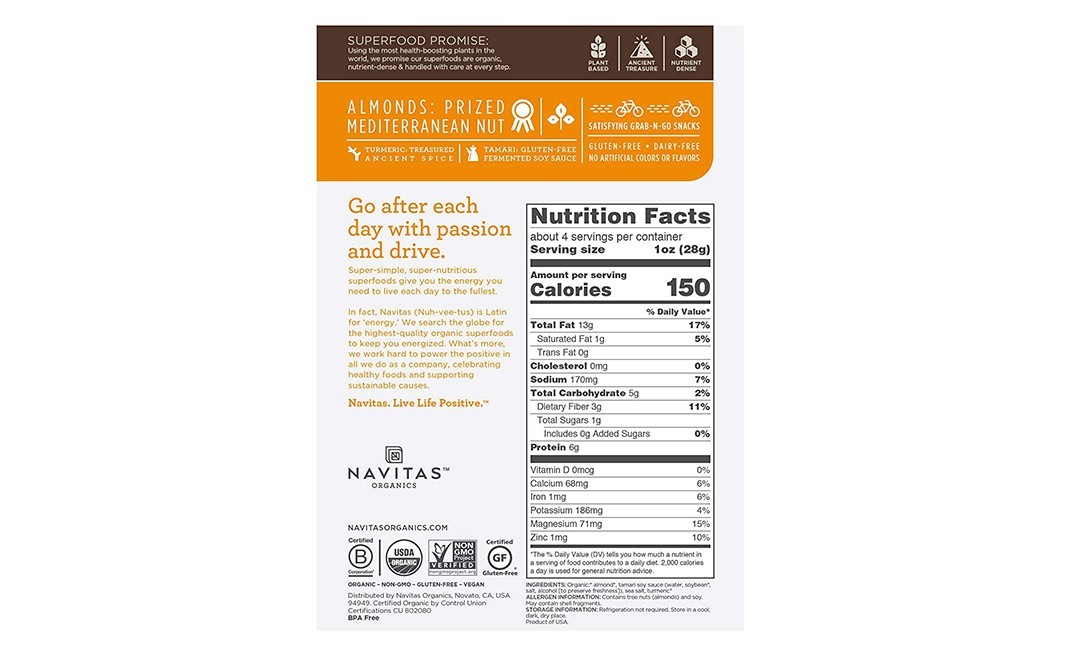 Navitas Organics Turmeric Tamari- Organic Almonds   Pack  113 grams